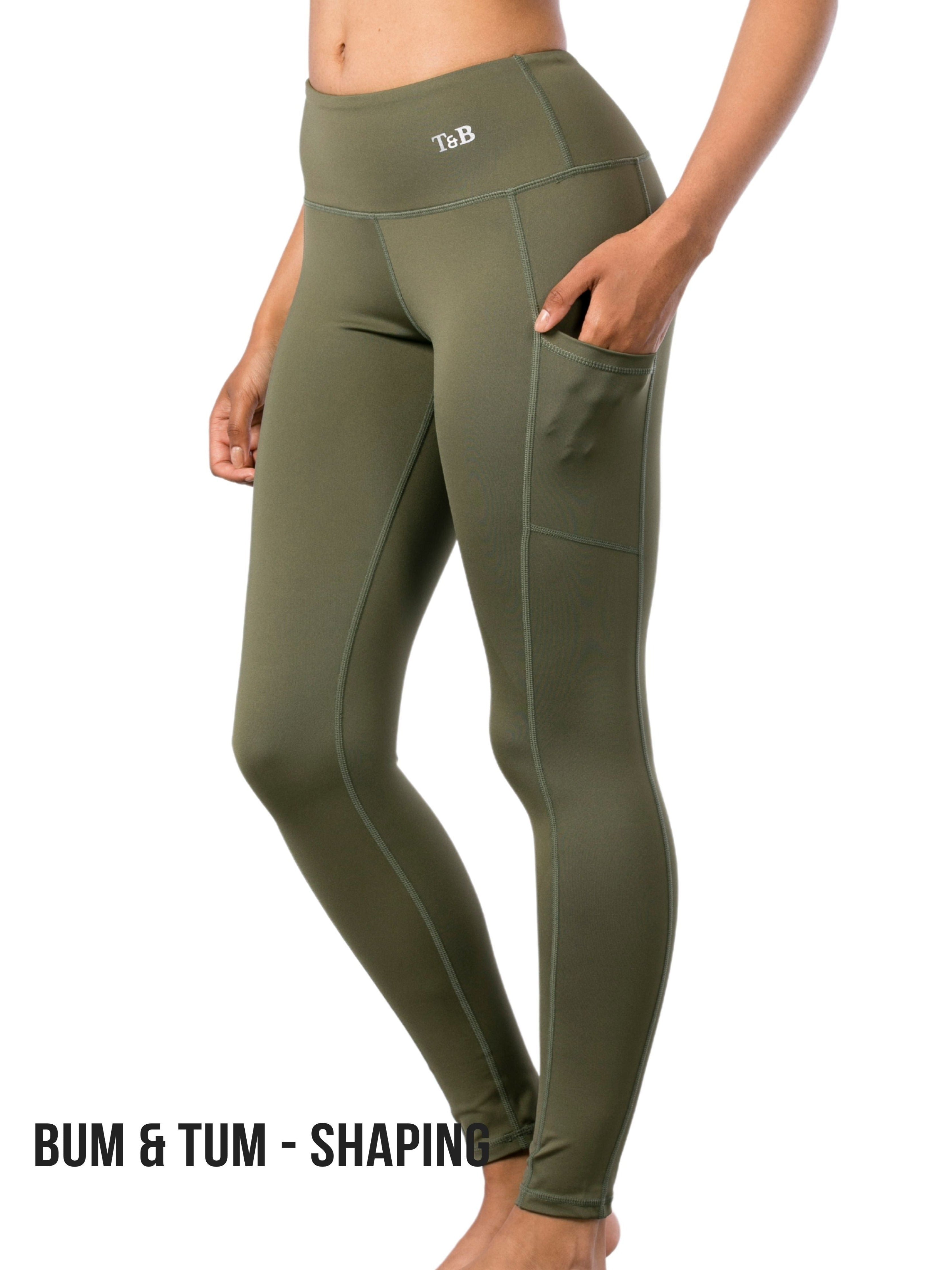Trendy and Bendy high performing leggings in olive green provide figure shaping support, with high-waisted compression & cellulite control. Designed for yoga, pilates, running, high & low intensity workouts, they are 100% squat proof.